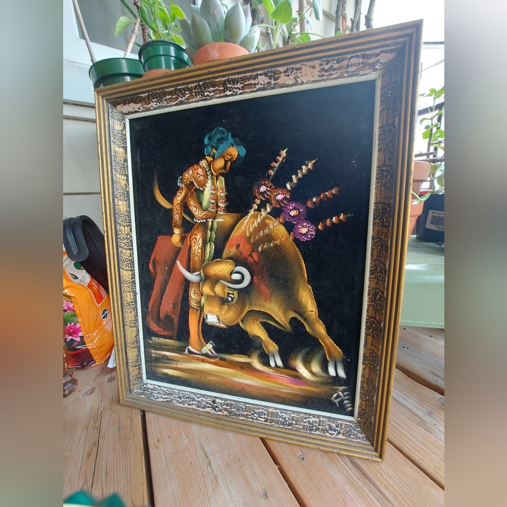 🎨🐂 ||Velvet Matador Magic ||Vintage Bullfight Velvet Painting (20x16)||🐂🎨